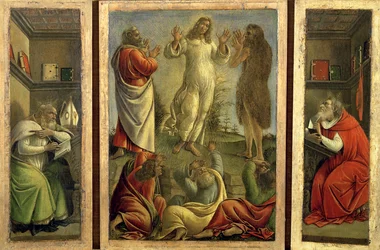 Trittico che mostra la Trasfigurazione, Gesù appare ai suoi discepoli con i santi Girolamo e Agostino sui pannelli laterali, c.1500